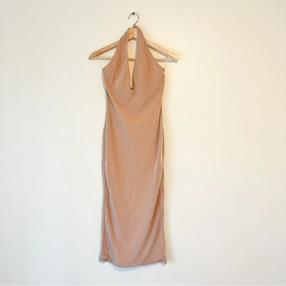Oh Polly Sunset Dreams Shimmer Halter Midi Dress Plunge Neck Champagne NEW Sz 4 - Image 5