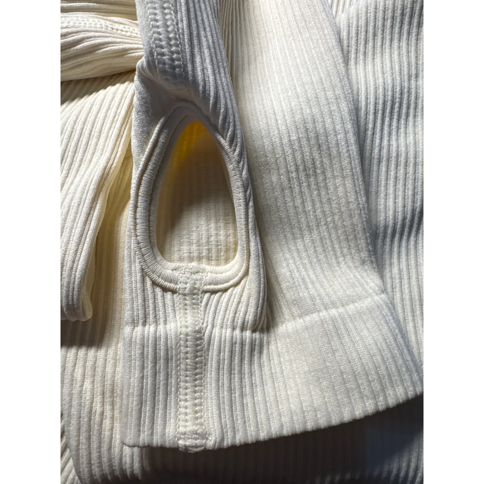 Ribbed Long Sleeve Crop Top Thumbhole Leggings Set Workout Athleisure Cream M Size M - Image 5