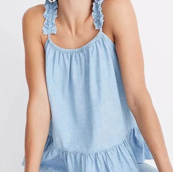 madewell denim ruffle dress Denim Ruffle-Yoke Babydoll Dress in Lunar Wash