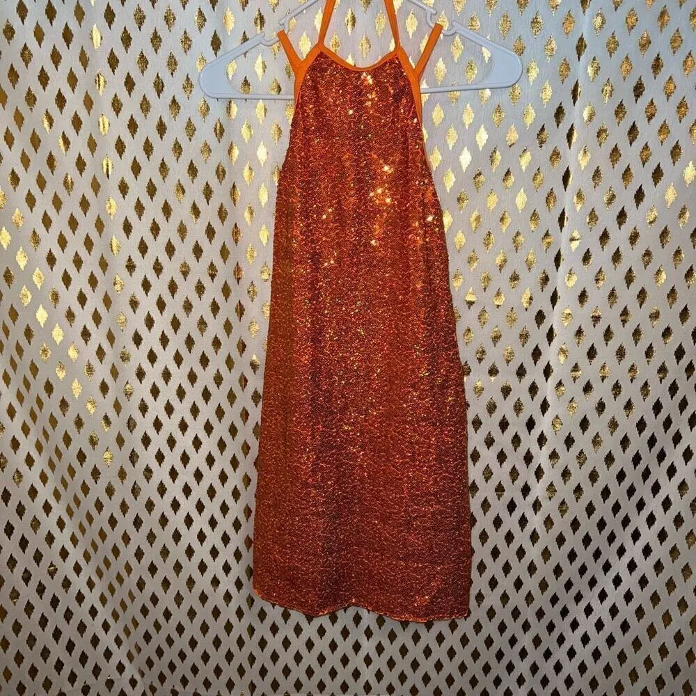 Revolution Rave festival dance disco dress with shorts underneath orange sequin - Image 2