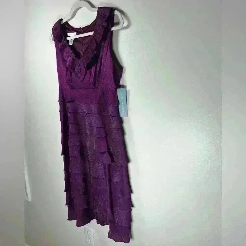 London Times Shimmering Purple Tiered Chiffon Sheath Dress Women’s Size 8 - Image 5