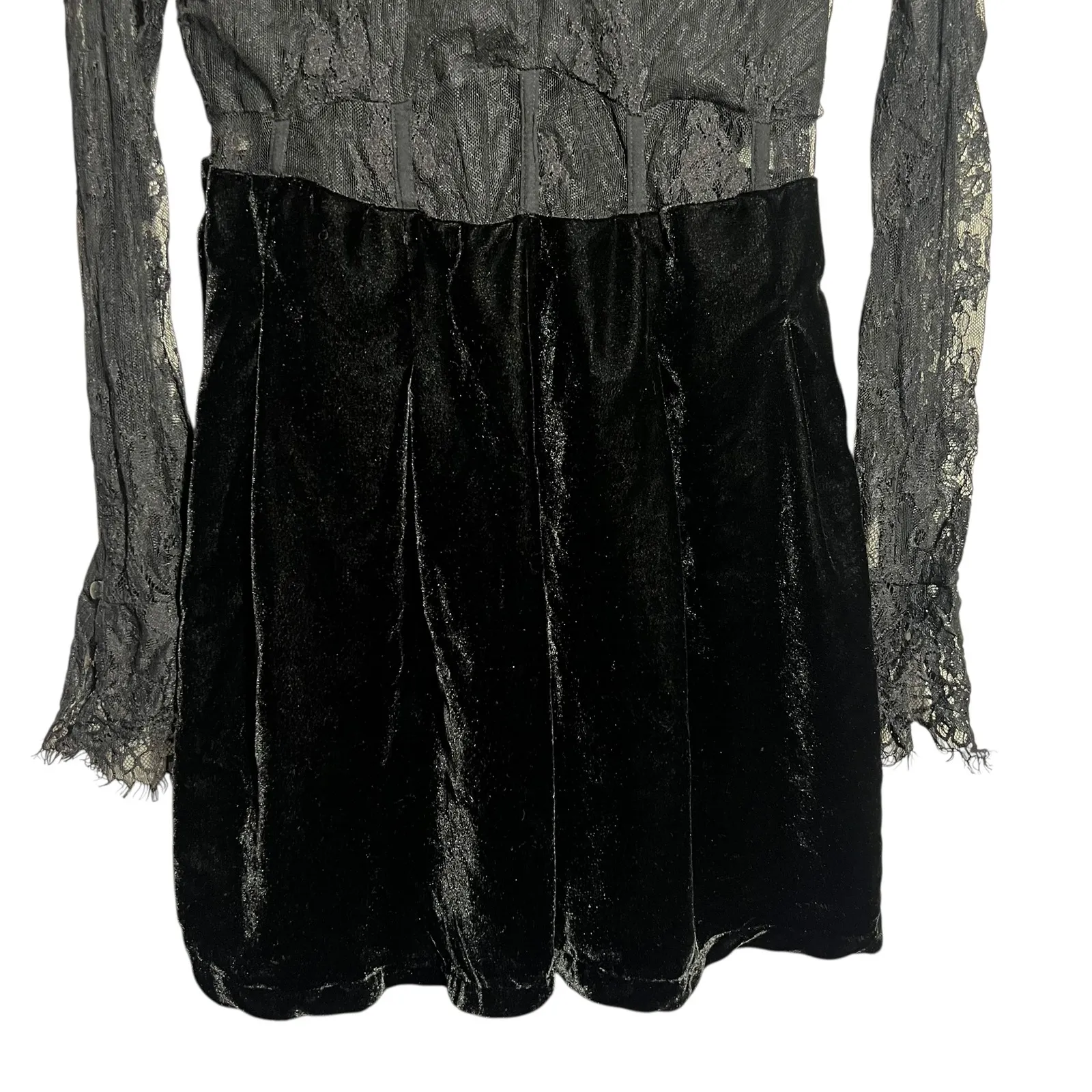 Free People Black Lace Velvet Long Sleeve Mini Dress Size Medium - Image 6