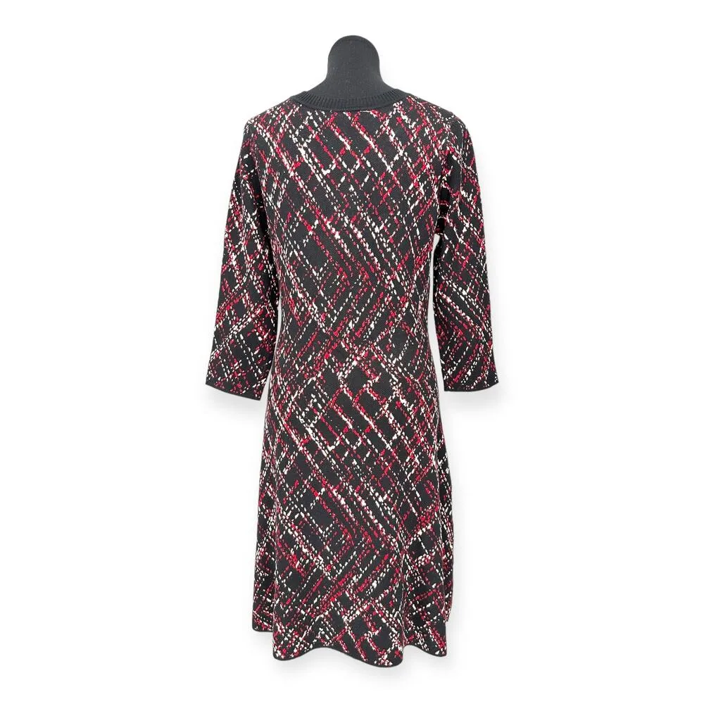 Neiman Marcus | NWT | Large | Black/Red Abstract Argyle 3/4 Sleeve Sweater Dress - Image 8