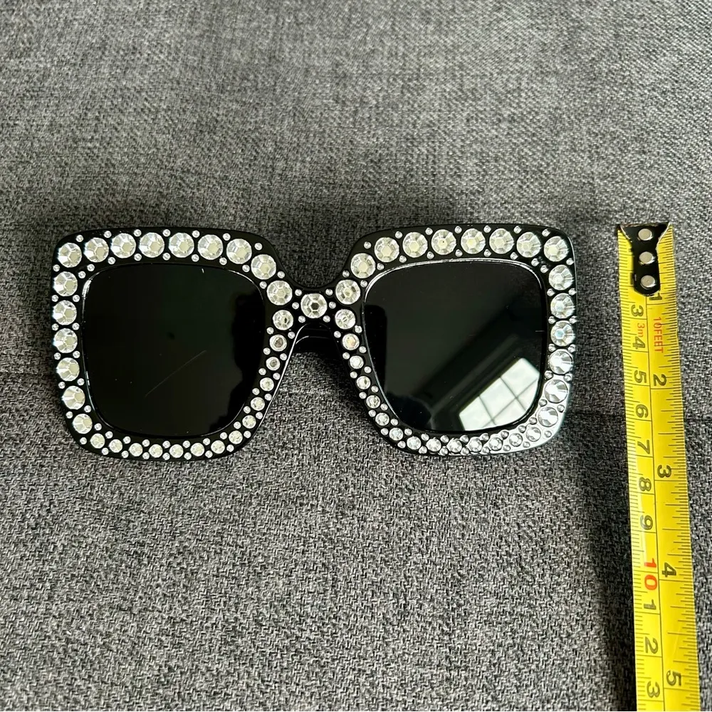 Sparkly, Fluted Rhinestone Rimmed Sunglasses, Black, Silver Black - Image 11