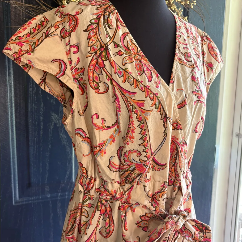 Tommy Hilfiger Pink and Cream Paisley Midi Dress size L with tie waist - Image 2