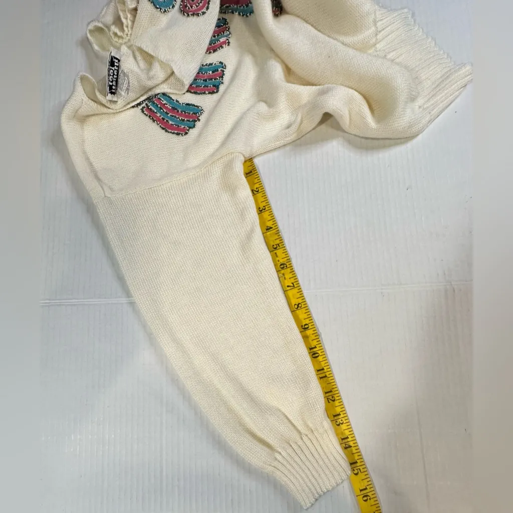 Vintage Kenneth Too Ivory Aztec Pullover Sweater Turquoise Embellished Sz S/M Blue - Image 7