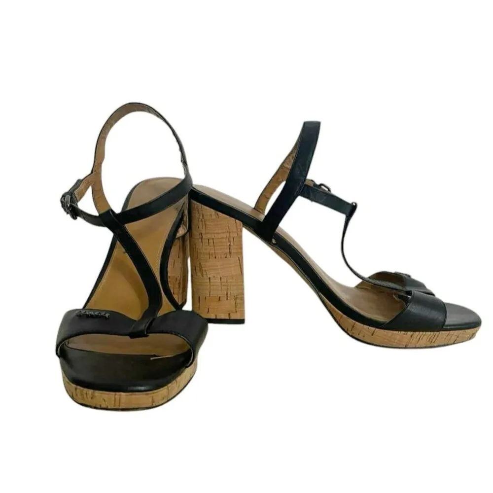 Coach Size 8 Block Cork Heel Open Toe Strappy Black - Image 6