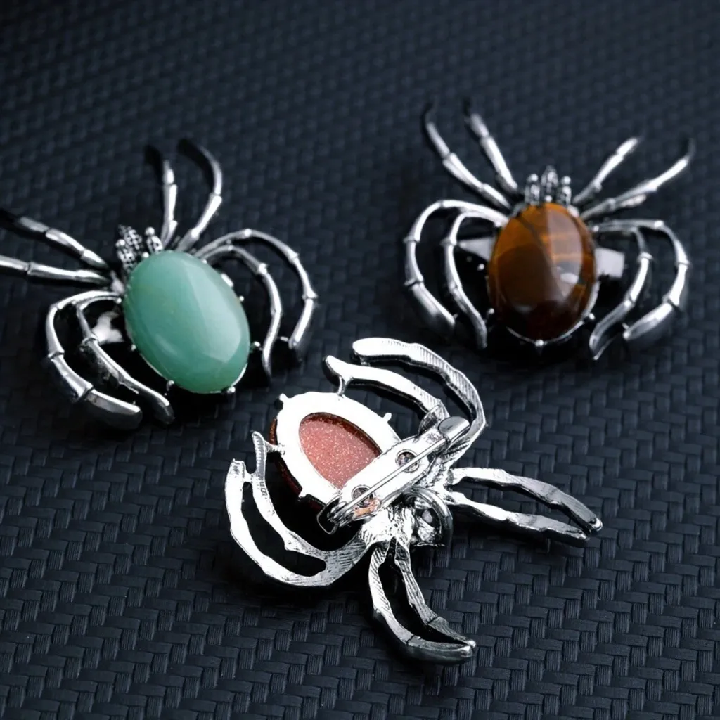 Natural Stone Bead Energy Reiki Chakra Spider Tiger Rock Pendant & Brooch NEW! Silver - Image 2