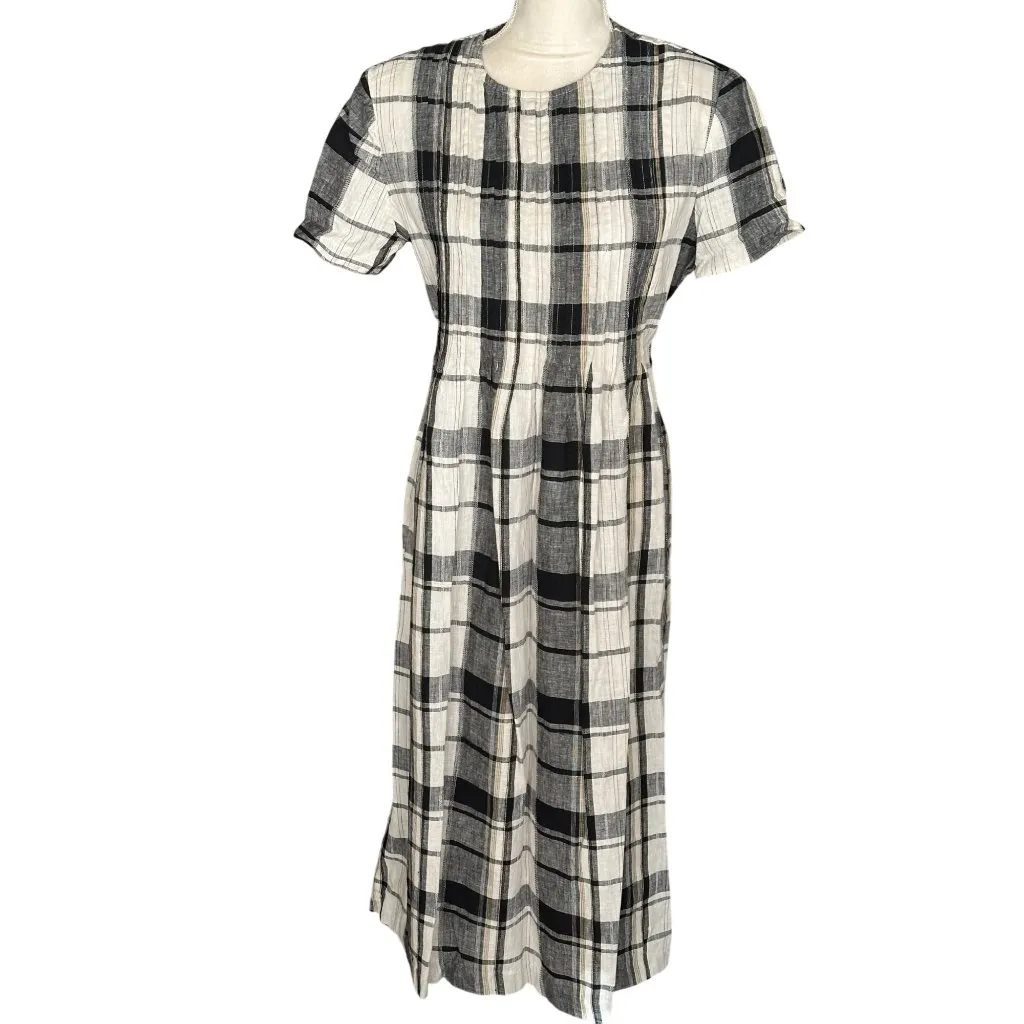 Vintage Black & White Plaid Dress Short Sleeve Midi Cotton Blend Back Tie Sz 14 - Image 2