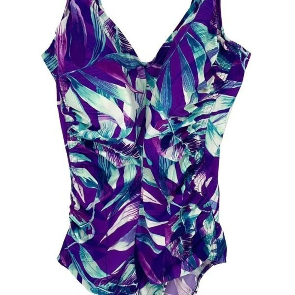 Maxine Of Hollywood Womens Ruched Front Tropical One Piece Swimsuit Purple Sz 18 - Image 2