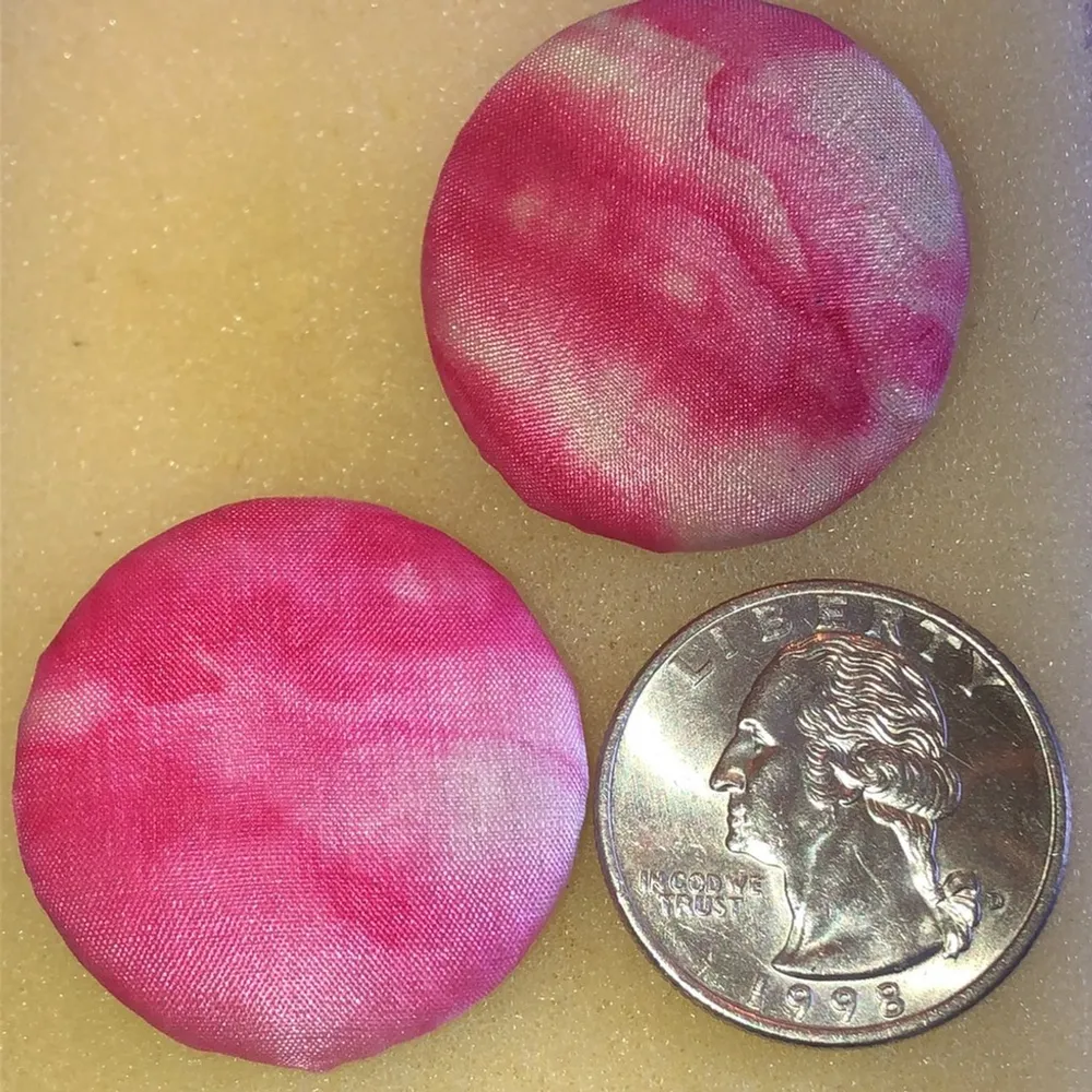 Pink and White Fabric Button Earrings - Image 3