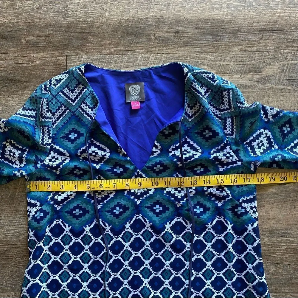 Vince Camuto Tassel Dress Bell Sleeve Royal Blue Teal Geometric - Image 11