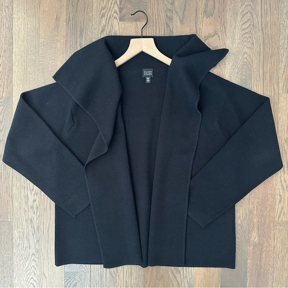 Eileen Fisher 100% Wool Draped Collar Open Front Cardigan Sweater Black Large - Image 2