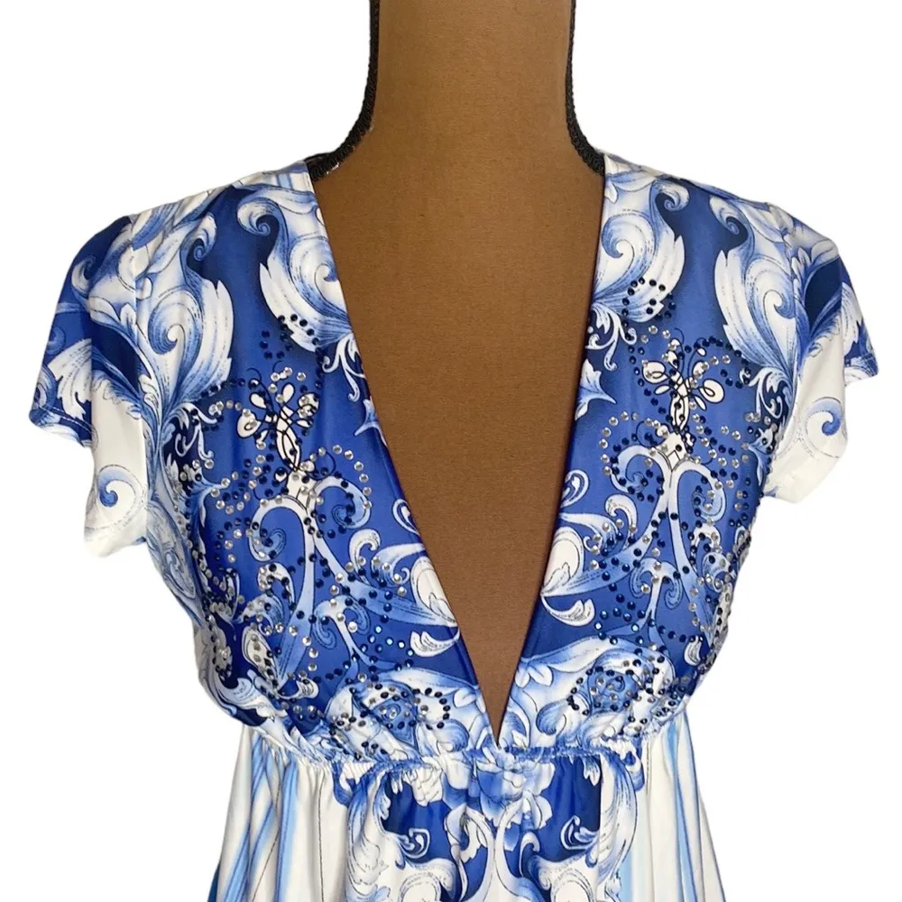 Boston Proper Sublimation tee in blue multi scroll print crystal embellished XS - Image 6