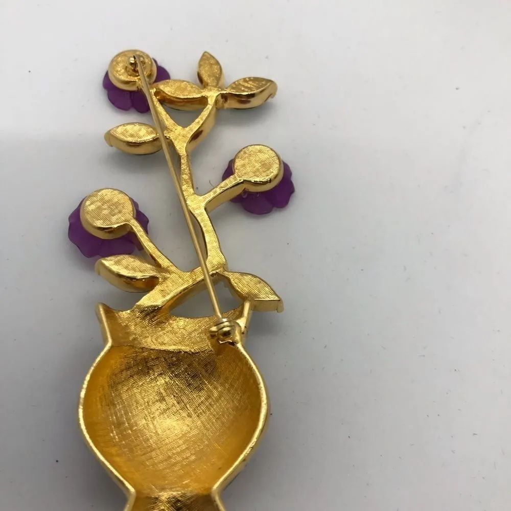 Flower Bouquet Vase Enamel Brooch Gold Tone 90s Vintage Green - Image 11