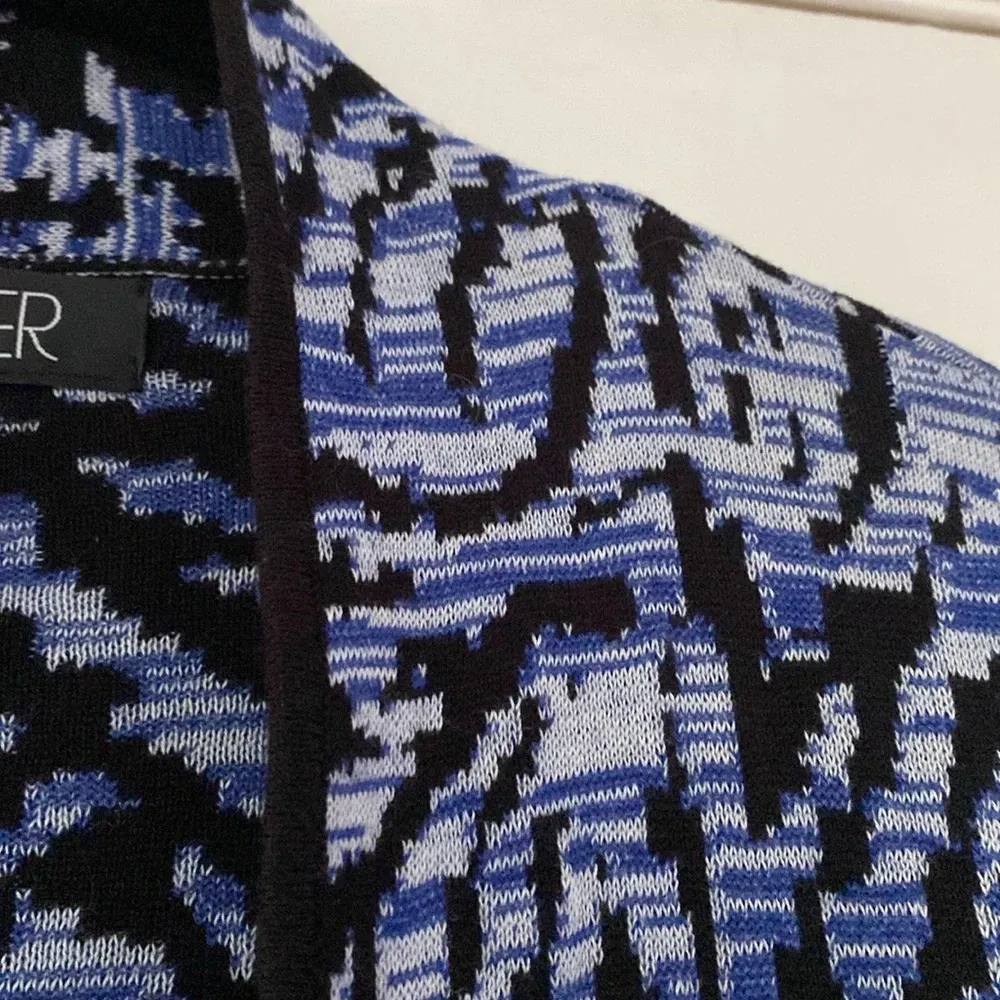 Kasper Blue Black and White Open Front Tunic Length Cardigan Size Large Artsy - Image 8