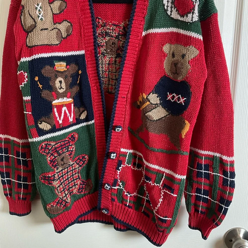 ID Distinction teddy bear and holiday motifs cardigan size small vintage 80’ Red - Image 4