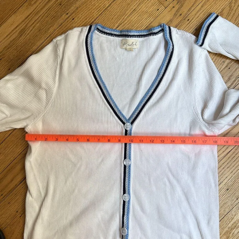 Marled Button Front Cardigan XL, White Knit Sweater with Blue Trim, Preppy - Image 4