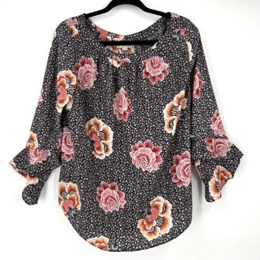 Loft Women’s Floral Career Pullover‎ Blouse Medium Flowy Tulip Sleeve Black Pink - Image 14