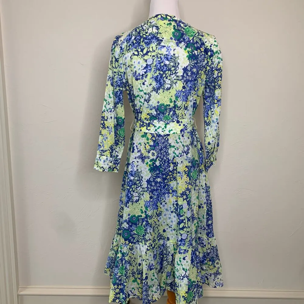 NWOT Talbots Sz 8 Floral Cotton Shirt Dress A Line Ruffled Blue Green Yellow - Image 2