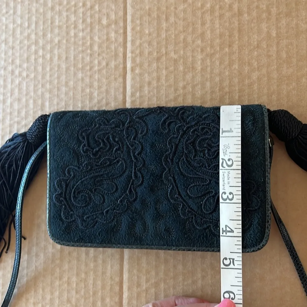 Judith Leiber vintage embroidered Suede evening mini bag with tassles, black - Image 10
