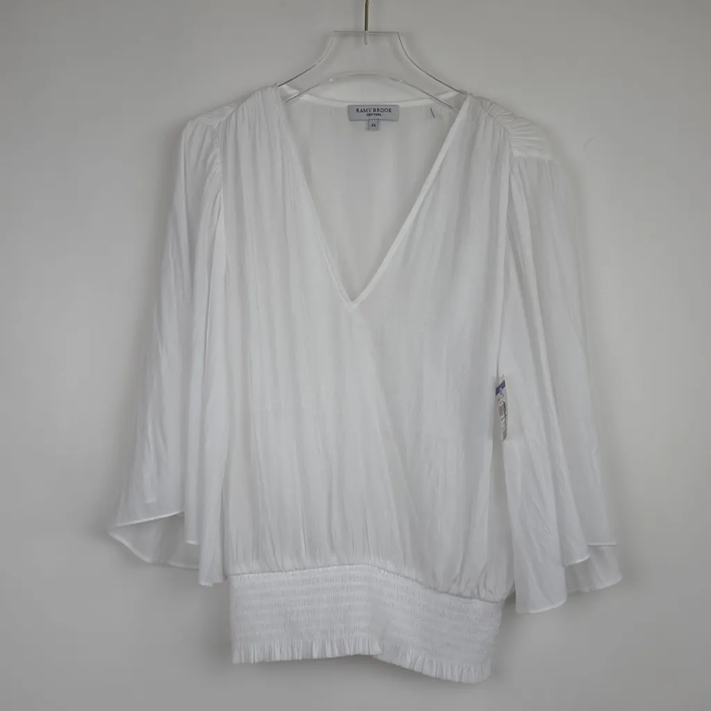 Ramy Brook Elexa White VNeck Blouse Top Smocked Elastic Waist Flutter Sleeves XS - Image 3