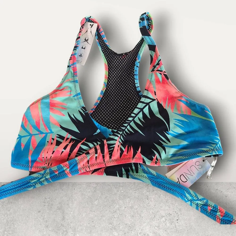 NWT Sundazed Ariel Halter Multicolor Floral Tropical Wrap Bikini Top Mesh Size M Blue Size M - Image 7