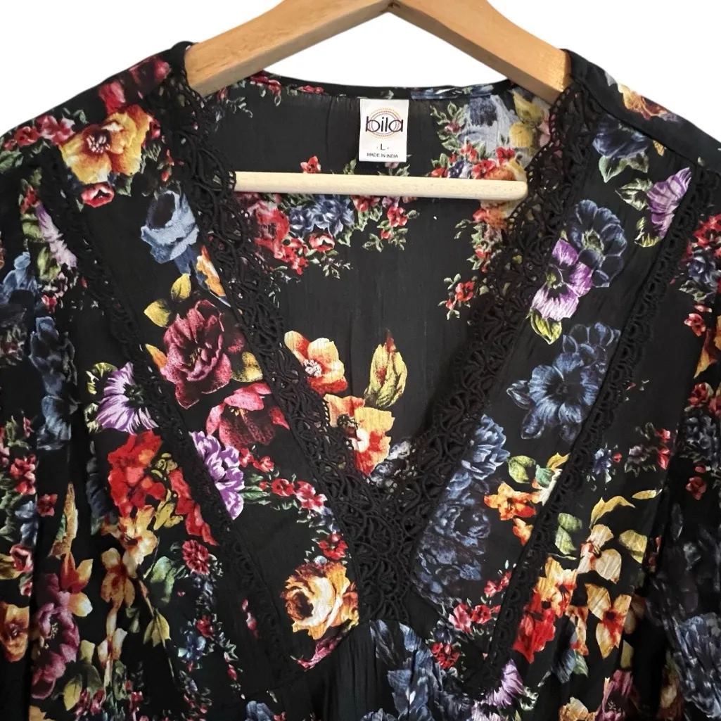 Bila Womens Floral Babydoll Top Size L Boho Peasant Bloomcore Dark Fairy Loose Black Size L - Image 3