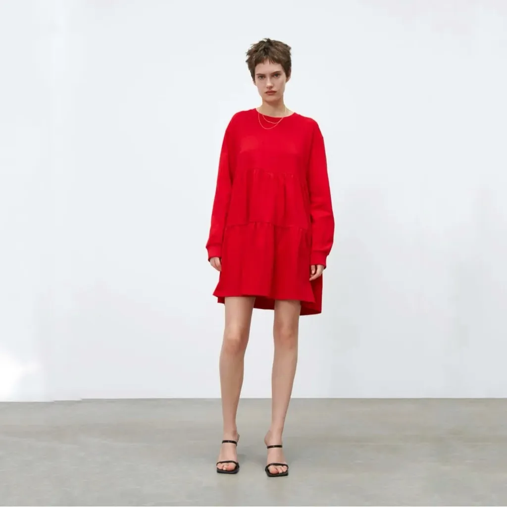 Zara Tiered Crew Neck T Shirt Babydoll Tunic Shift‎ Dress Red Medium - Image 2