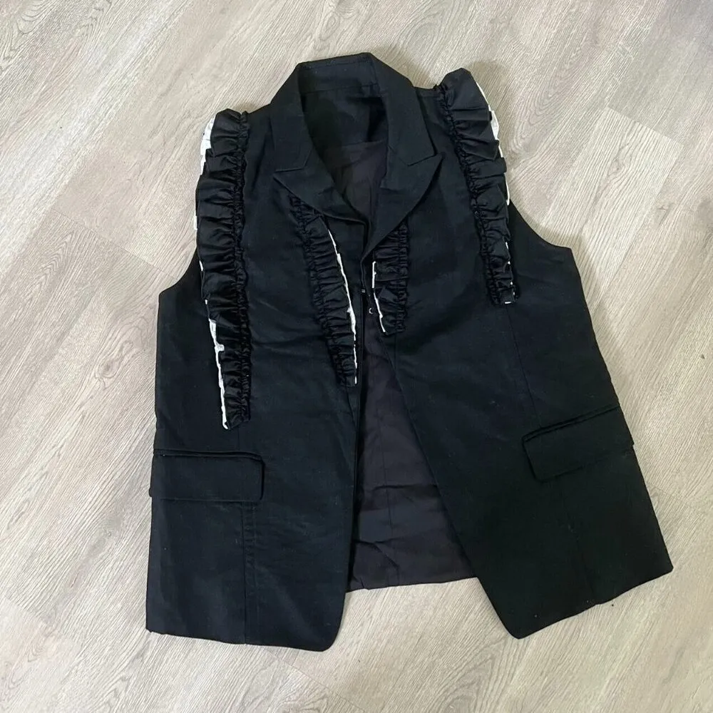 Jil Sander Ruffles Black Vest Tops Woman 100% Wool Silk Size 38 Rare - Image 2