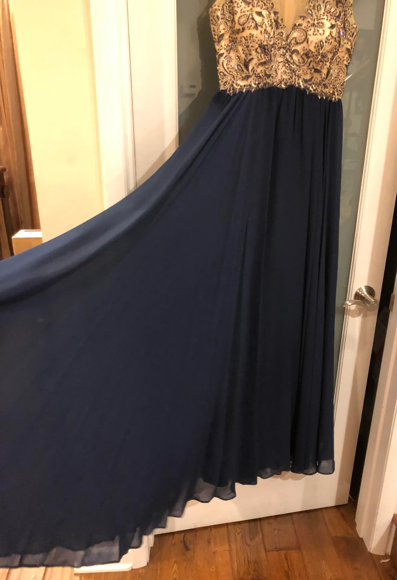 Ornate Gold And Navy Formal Dress - Image 4