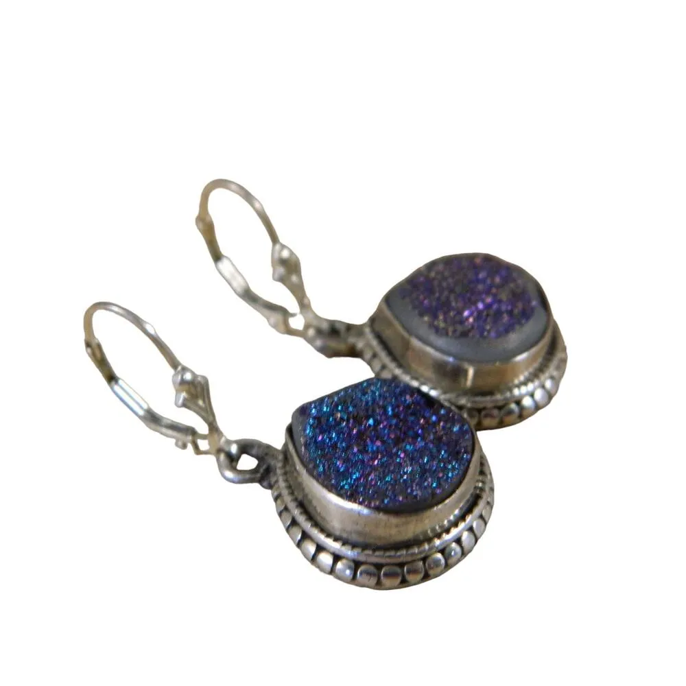 Vintage Sterling Silver Blue Green Purple Gold Drusy Quartz Earrings - Image 2