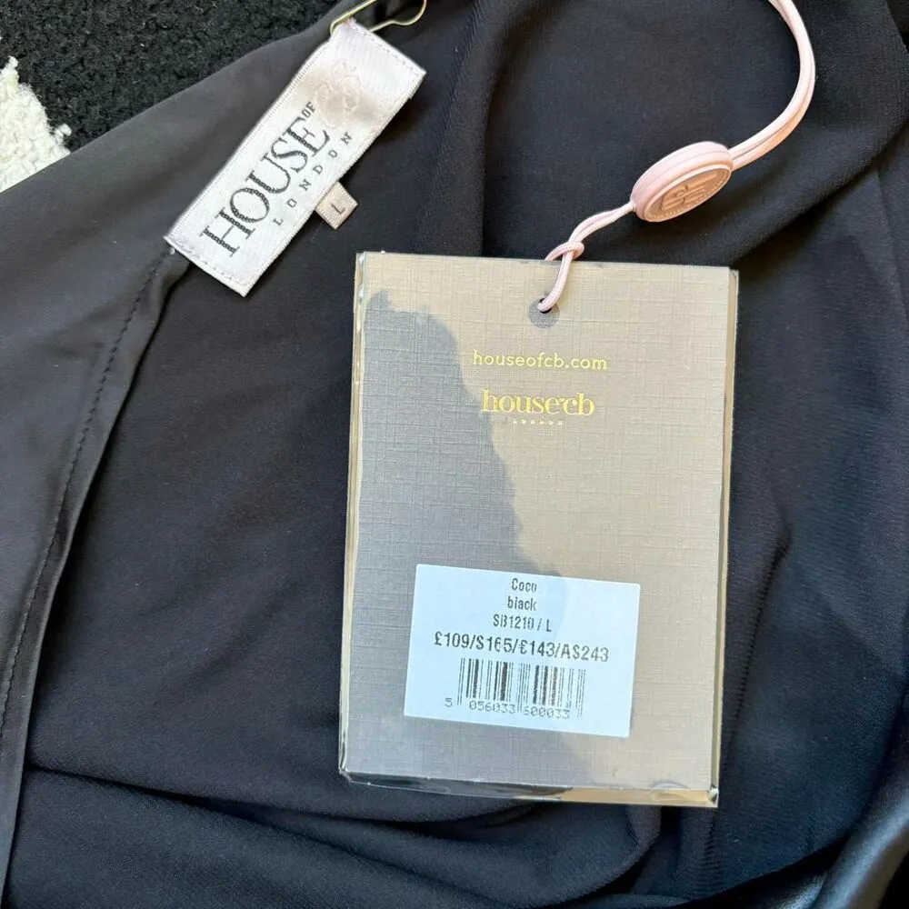 House of CB Coco Black Satin Drape Back Dress L - Image 4