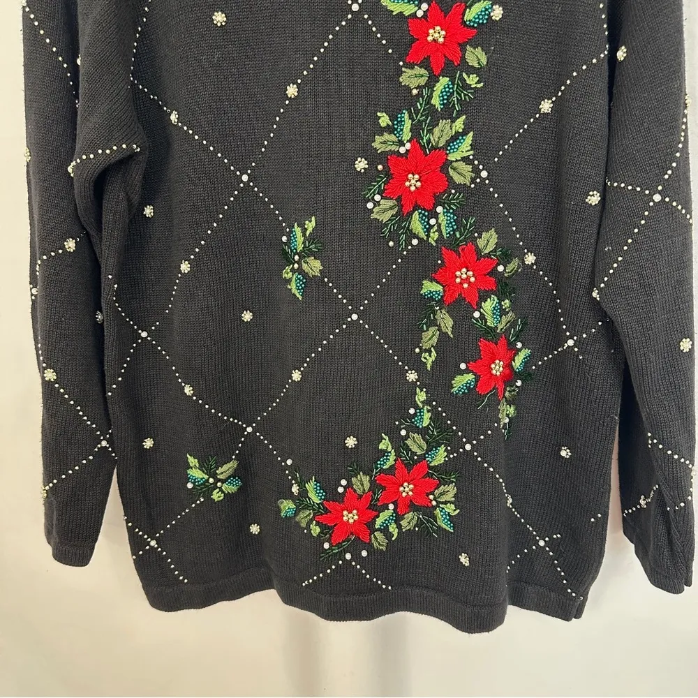 B.P. Design Christmas Poinsettia Beaded Embroidered Black Crew Neck Sweater Larg Size L - Image 3