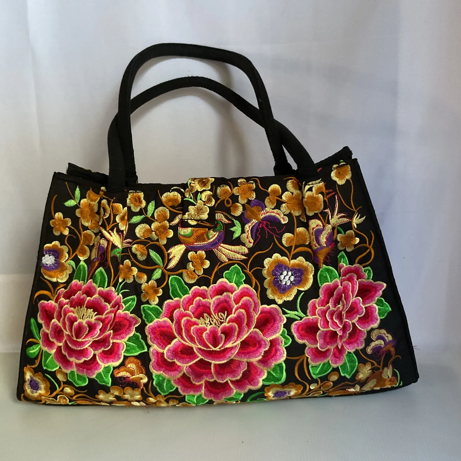 Mexican Artisanal Floral Embroidered Tote Bag Black Handmade Style - Image 3