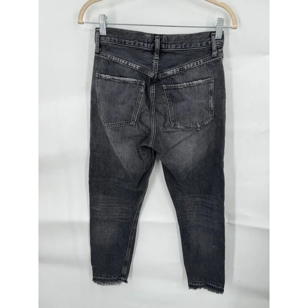 AGOLDE Button Fly Straight Leg Raw Frayed Hem Dark Wash Denim Women 24 Jeans - Image 2