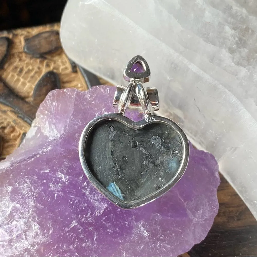 Larvikite black Moonstone & Amethyst Solid Sterling Silver Heart Pendant Blue - Image 8