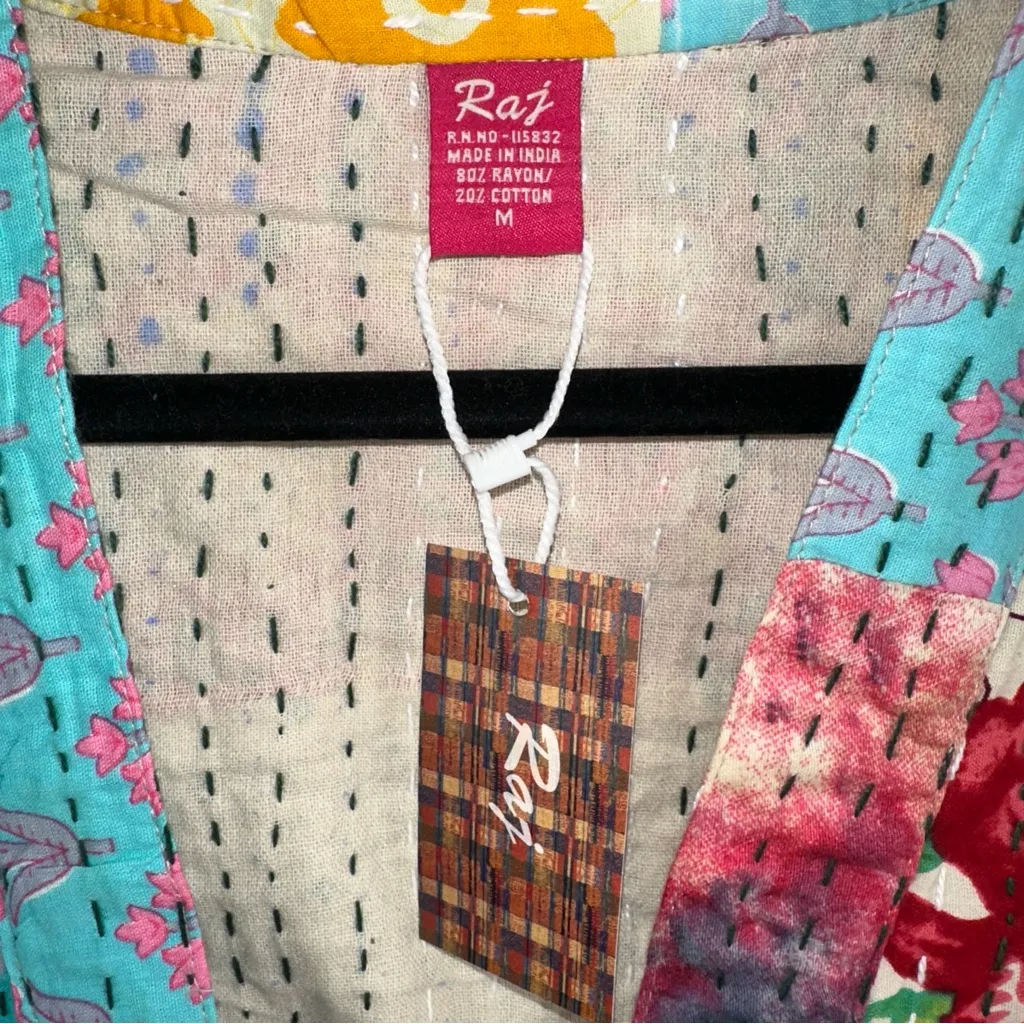 Raj Jacket Womens Medium Patchwork Quilted Kantha Kimono Open Front Duster NWT Pink - Image 3