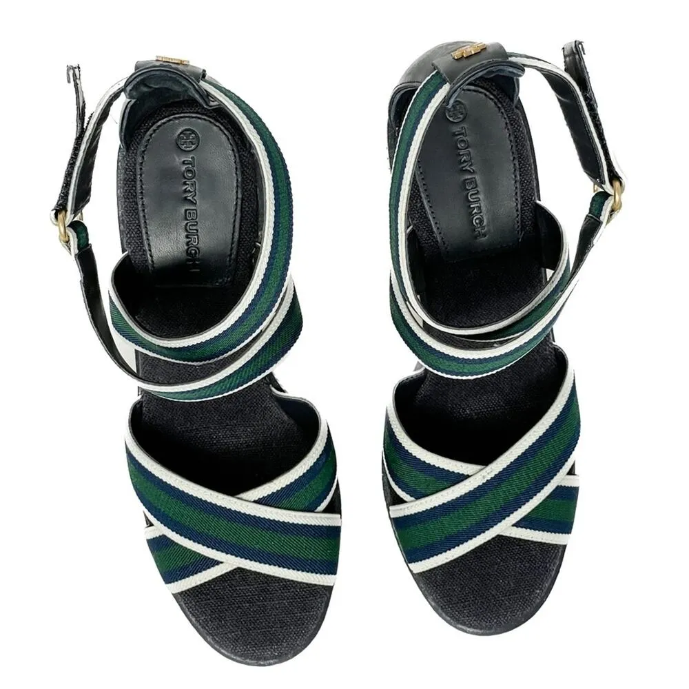 Tory Burch Frieda Green Navy White Stripe Canvas Leather Espadrilles size 9.5 - Image 4