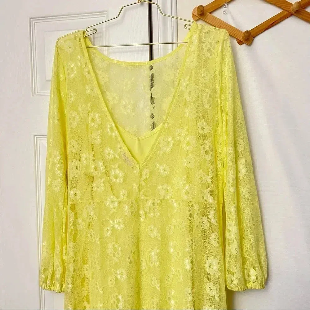 Open Edit Sheer Lace Long Sleeve Maxi Dress Yellow Elfin Size Large - Image 9