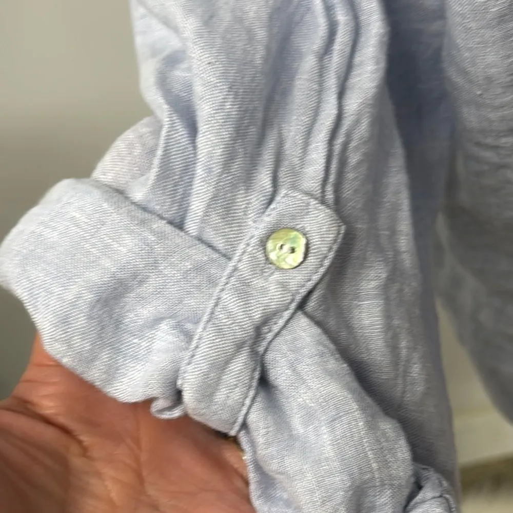 Tahari Blue Linen Blouse Tunic Notched Collar Relaxed Fit V-Neck Career Business - Image 5