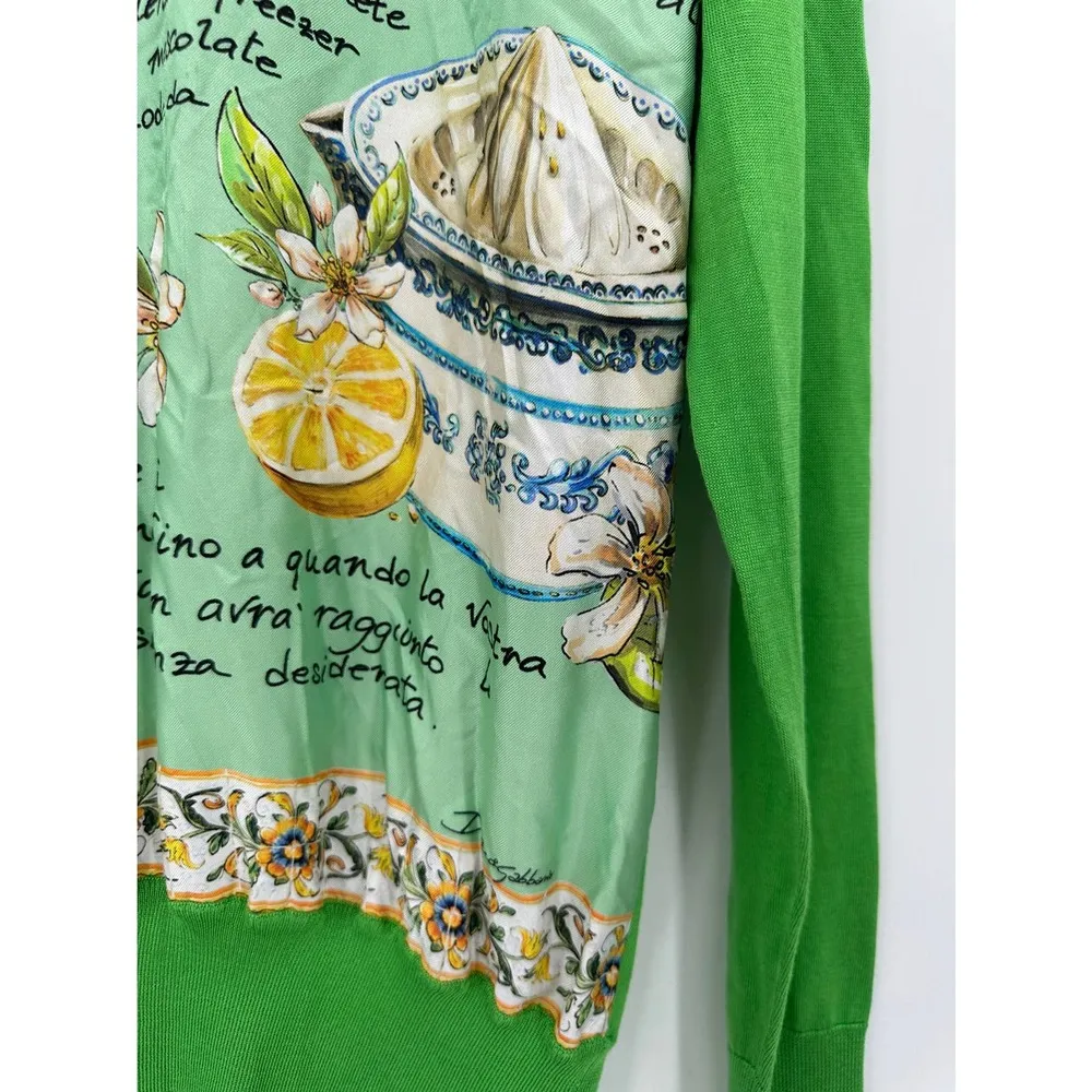 Dolce & Gabbana Lemon Granita Print Green Silk Crewneck Sweater NWT - Image 6