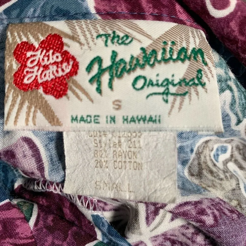 Vintage Hilo Hattie Hawaiian Shirt Camp Collar Tropical Abstract Floral Small Blue - Image 7
