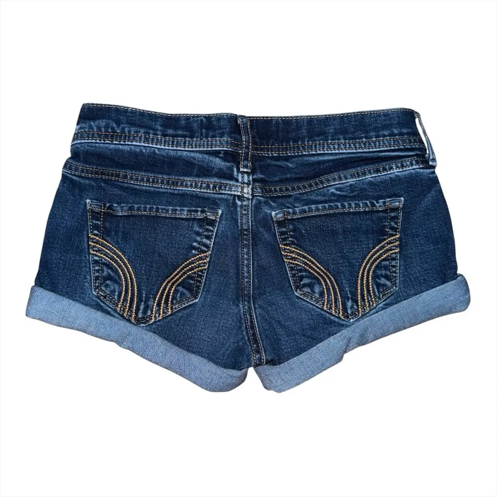 Hollister Ultra Low Rise Micro Mini Jean Shorts Dark Wash Cuffed 0 / 24 y2k - Image 2