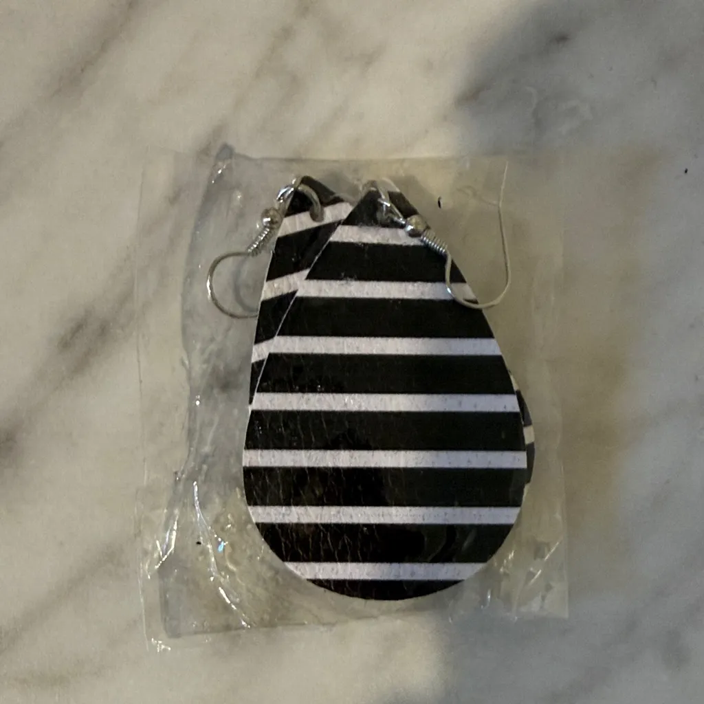 Tan, Silver and Black and White Striped Teardrop Earrings (New Set of 3) Brown - Image 2