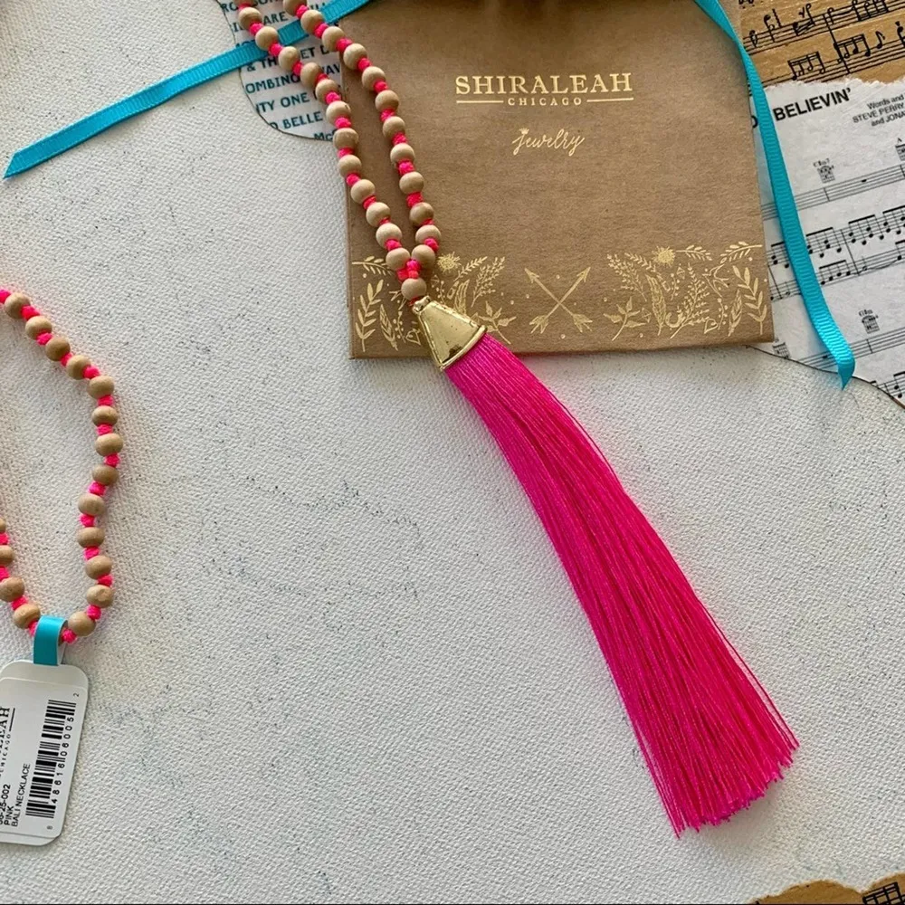 Shiraleah  x Anthro | Bali Hot Pink Tassel & Wooden Beads Boho Style Necklace - Image 2
