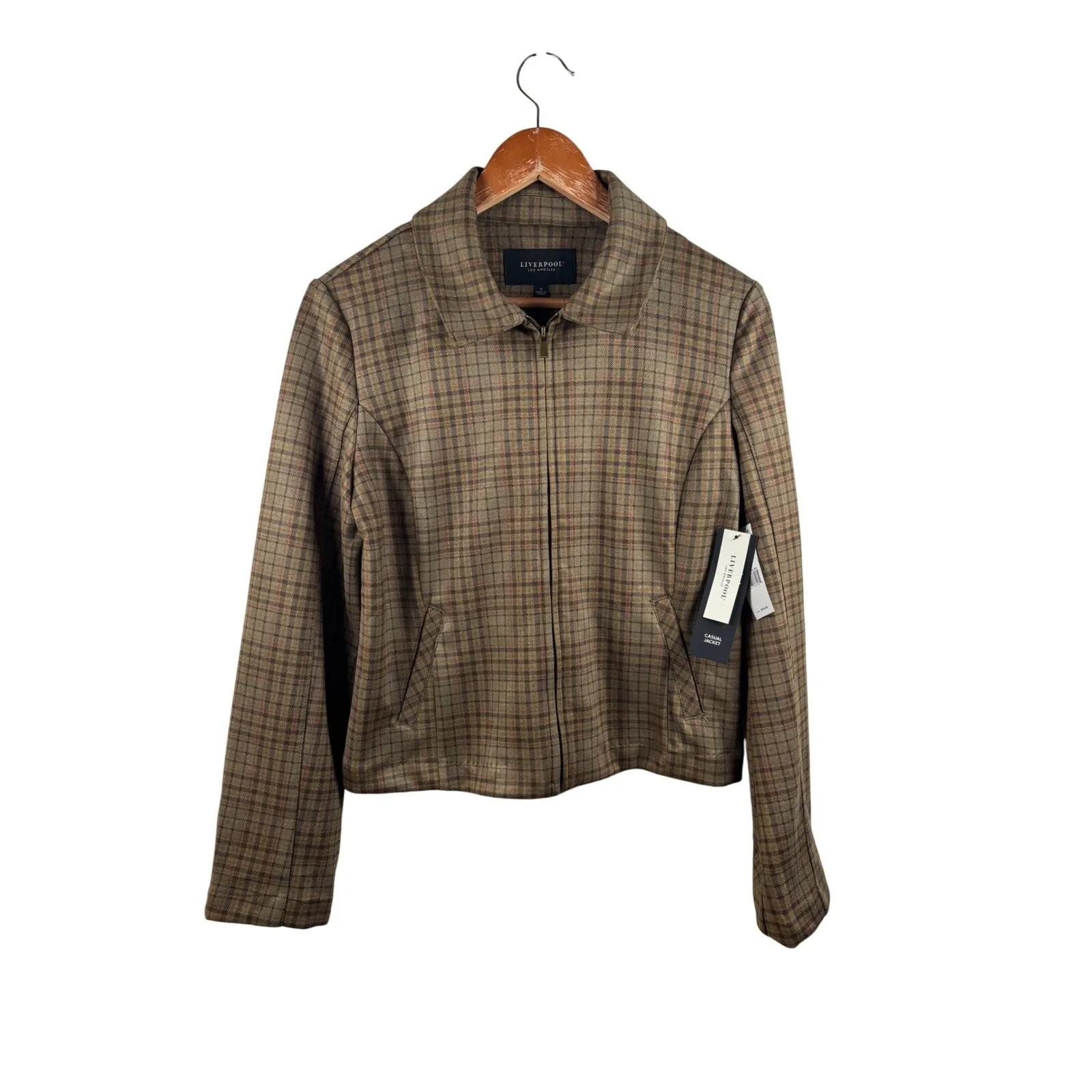 Liverpool Los Angeles M Full Zip Front Collared Jacket Plaid‎ Sage Grey NWT Brown Size M - Image 3