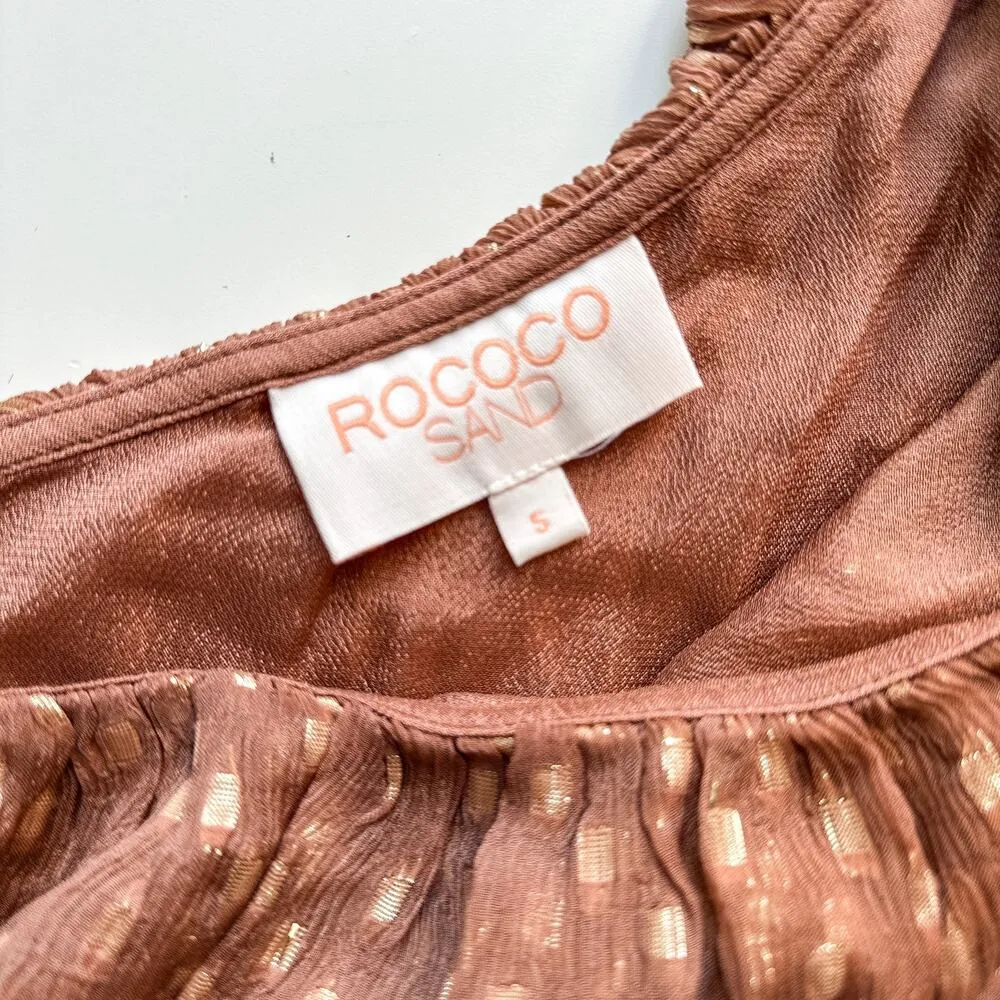 Rococo Sand Aine One Shoulder Mini Chiffon Ruffle Dress Tan Gold Small - Image 11