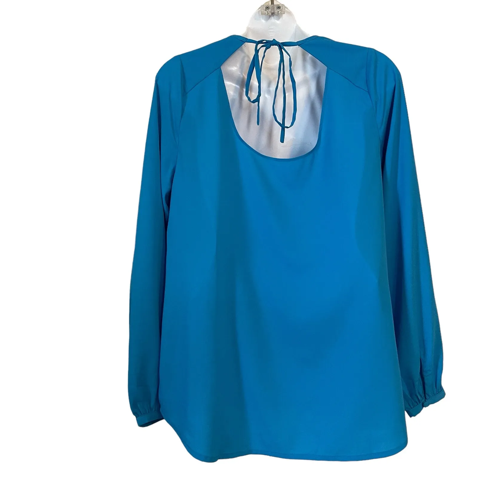 Umgee USA Pleated Neck Tie Back Long Sleeve Blouse Blue Cotton Blend Size S - Image 2