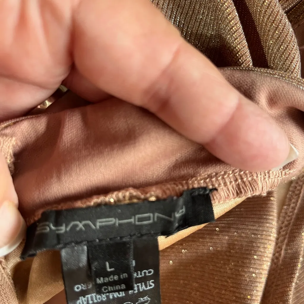 SYMPHONY WOMEN LONG ROSE GOLD FORMAL GLITTER DRESS WITH CRISS CROSS SPRAPS SZ LG - Image 8